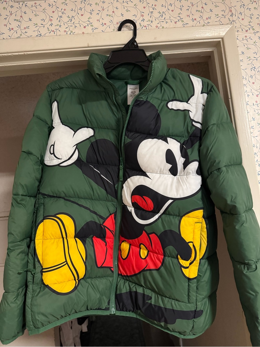 Disney Green Puffer Jacket with Mickey Graphic and Yellow Accents